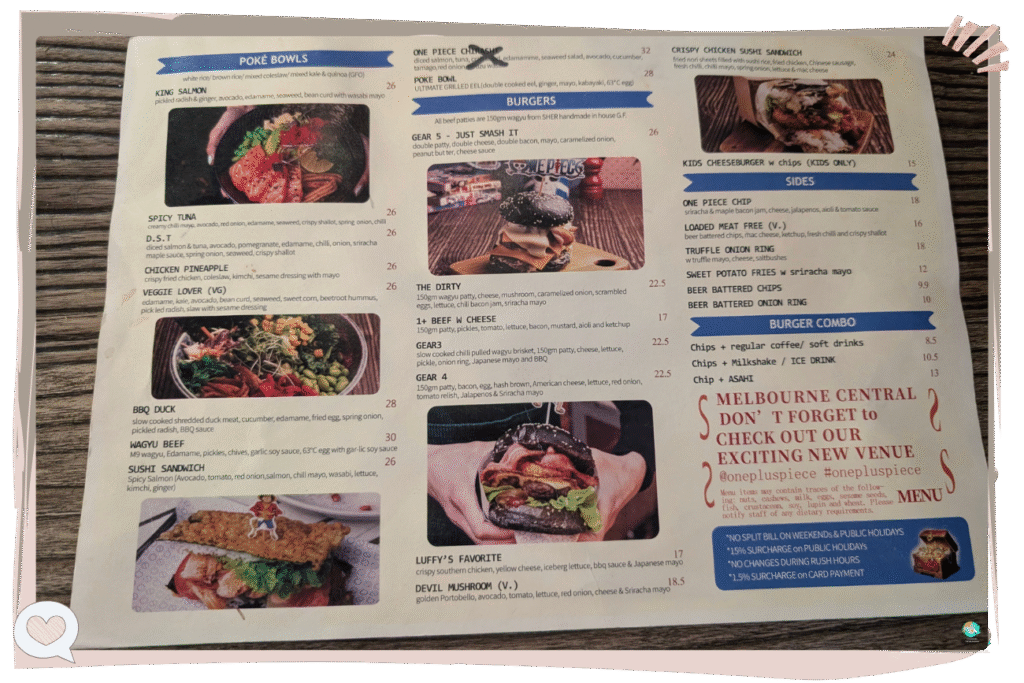 One Piece Melbourne Cafe menu