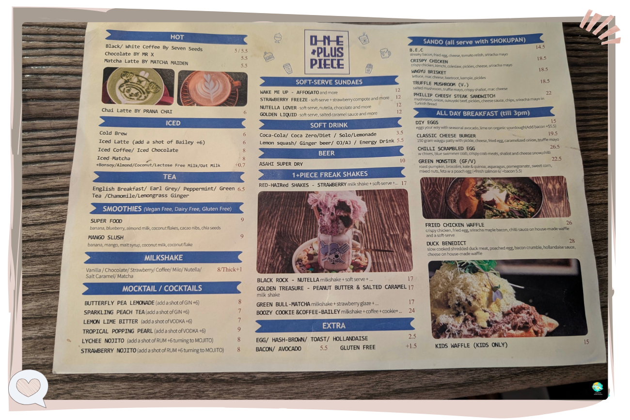 One Piece Melbourne Cafe menu